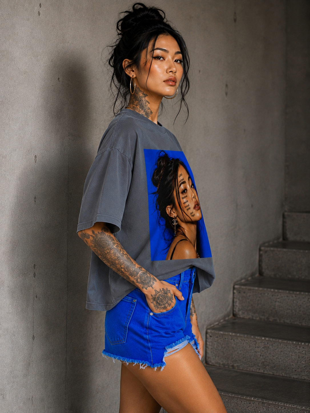 Opulent Avenue “Self Made” Portrait Oversized Faded Tee – Indigo