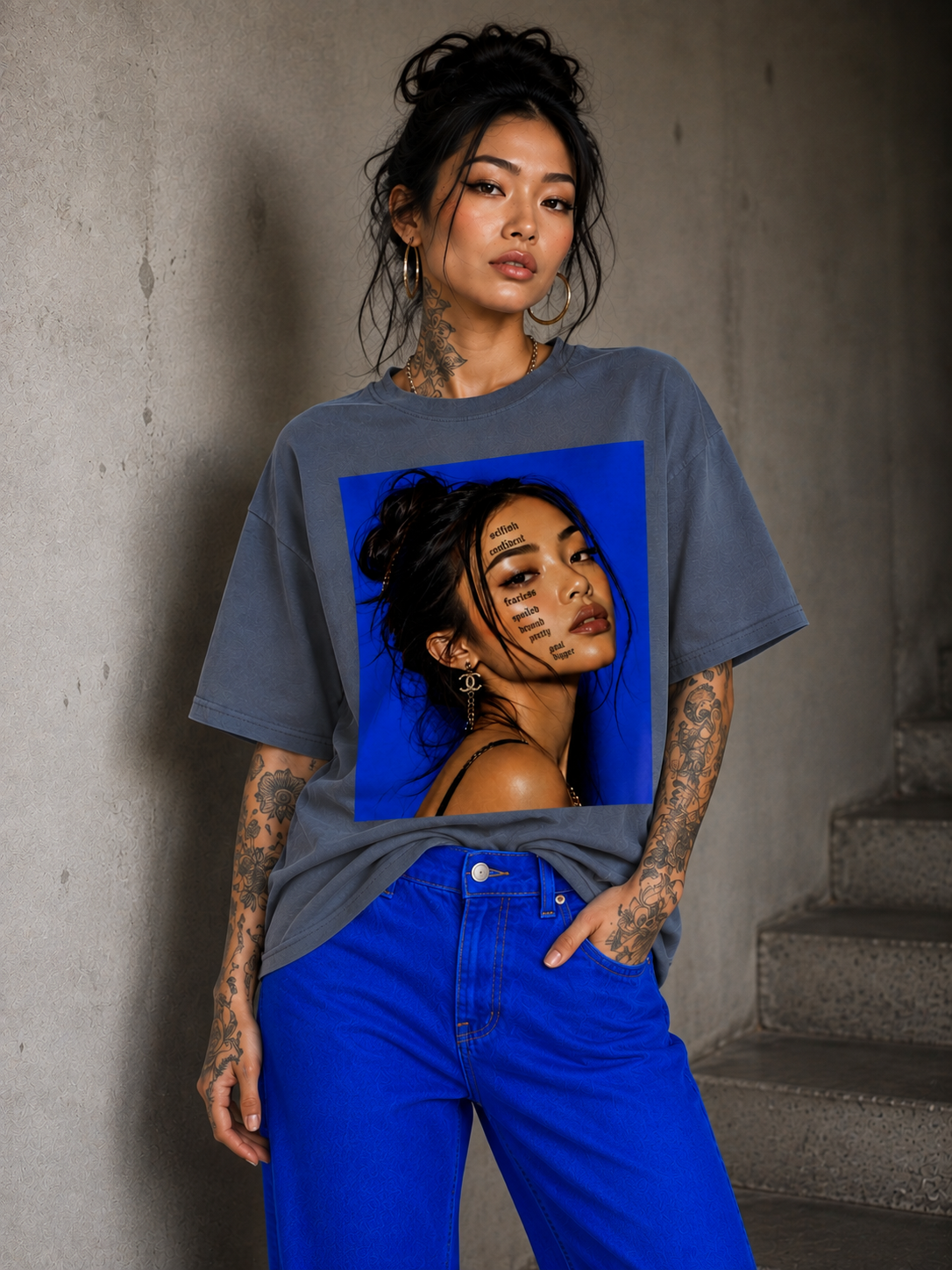 Opulent Avenue “Self Made” Portrait Oversized Faded Tee – Indigo
