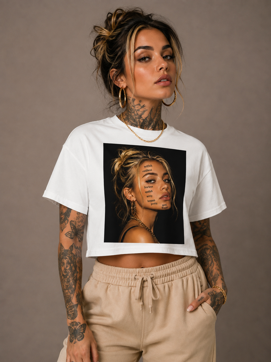 Opulent Avenue “Words on My Face” Women’s Crop Tee – White