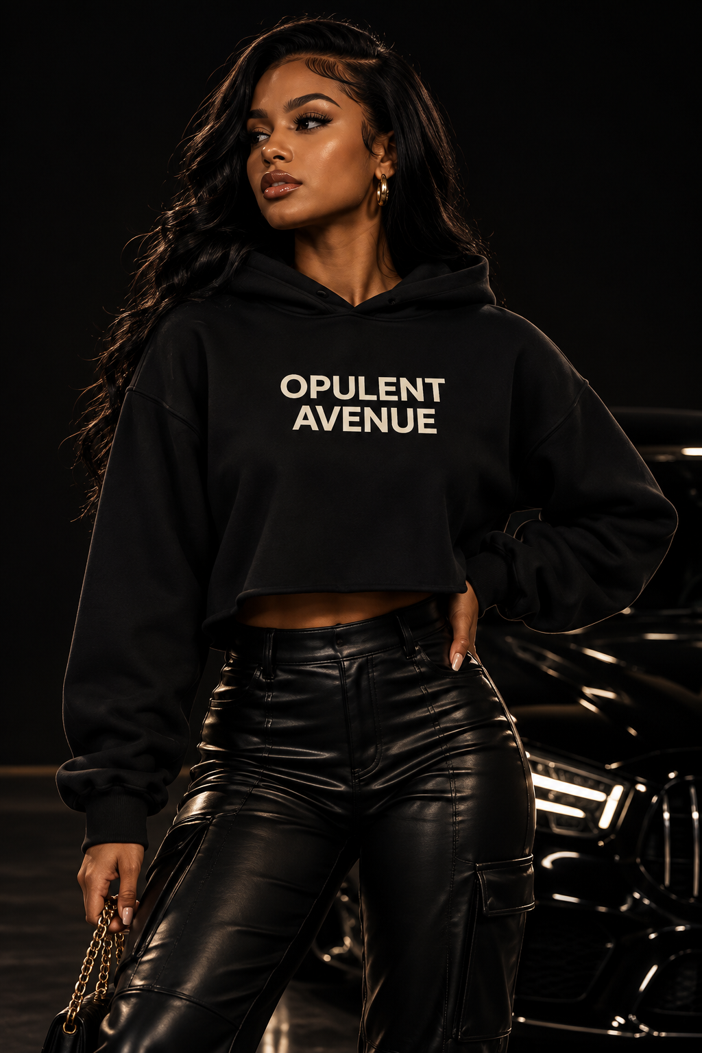 Opulent Avenue Signature Cropped Hoodie – Black