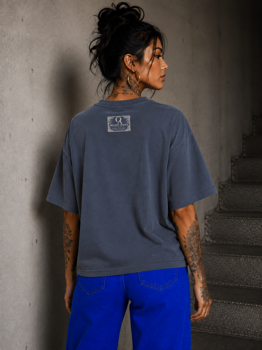 Opulent Avenue “Self Made” Portrait Oversized Faded Tee – Indigo