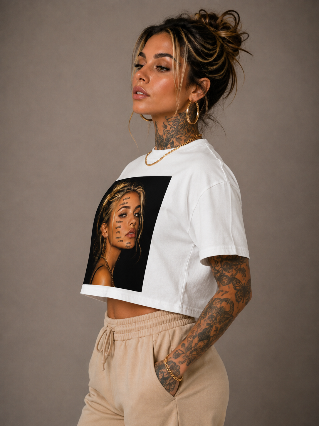 Opulent Avenue “Words on My Face” Women’s Crop Tee – White