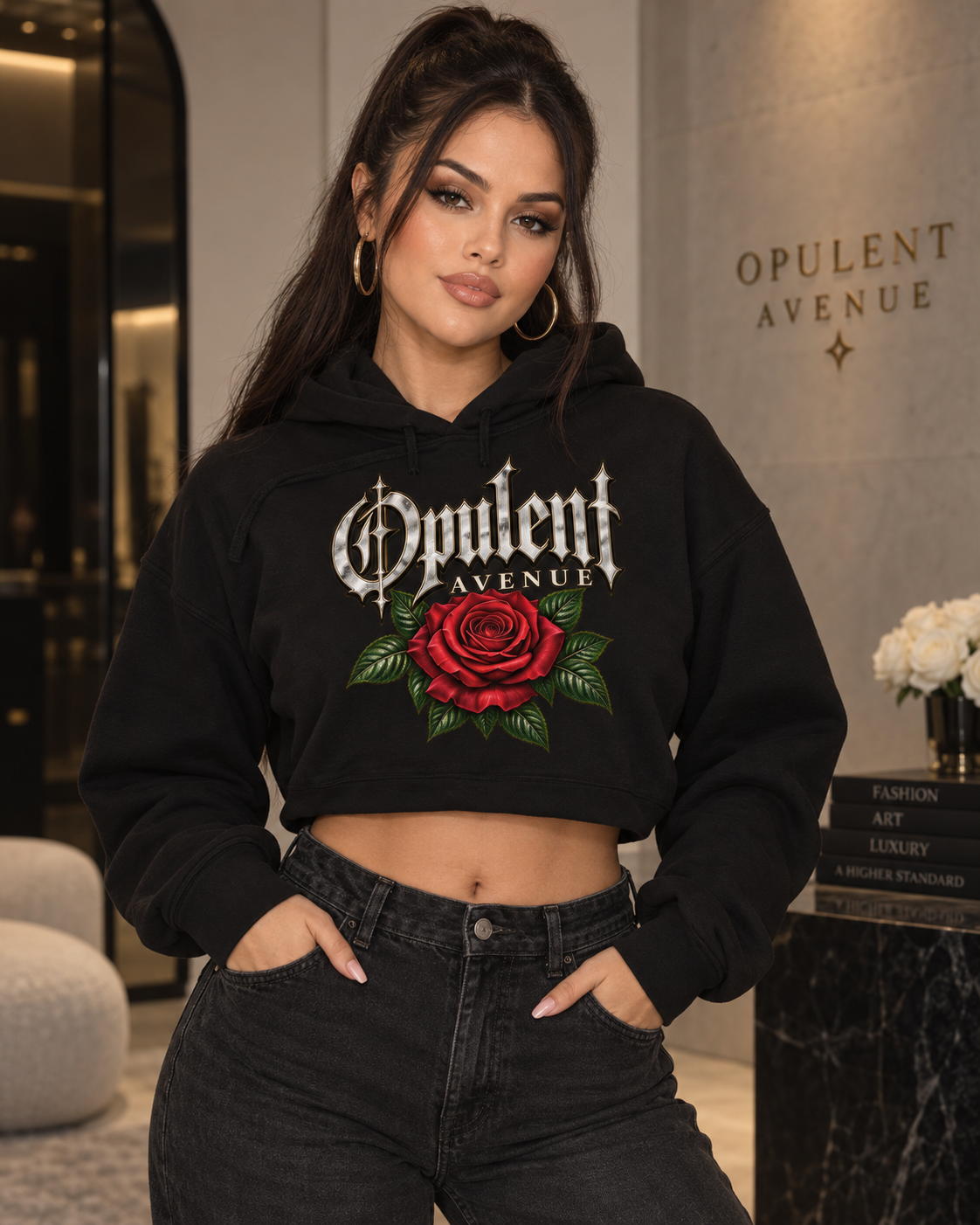 Crimson Rose Gothic Cropped Hoodie