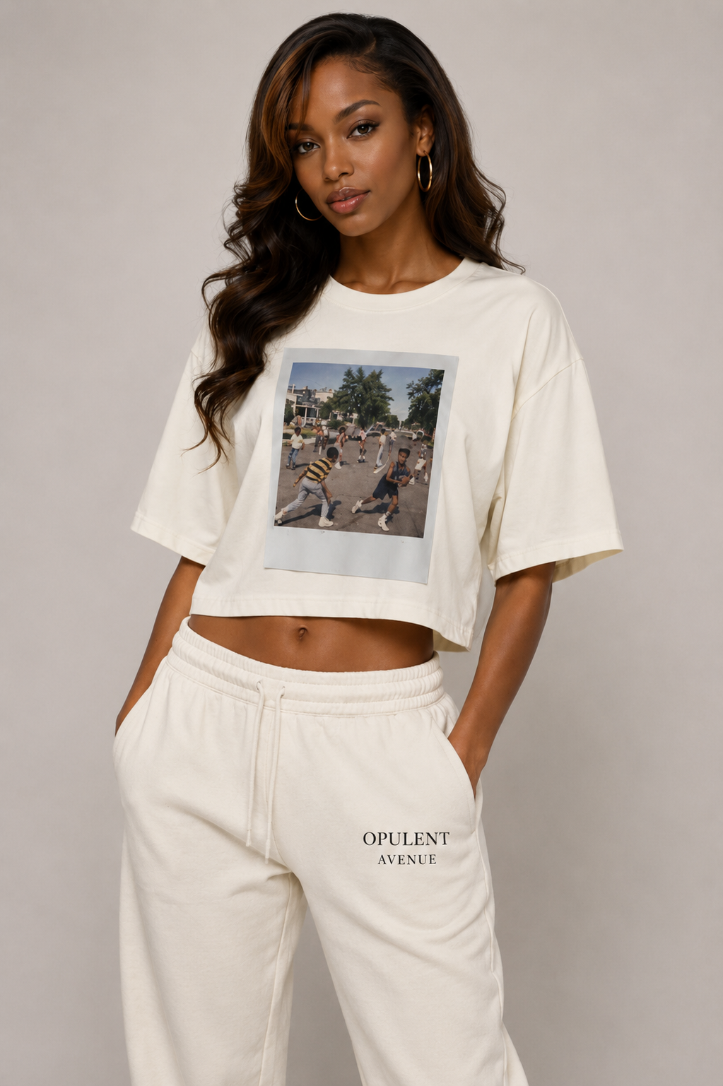 Opulent Avenue Street Memories Women’s Oversized Crop Tee – Cream